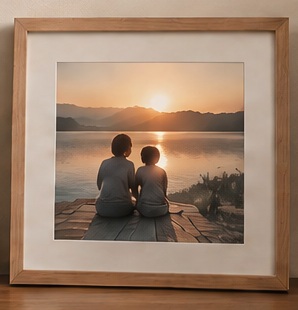 A framed lakeside memory at sunset, with two children on a dock